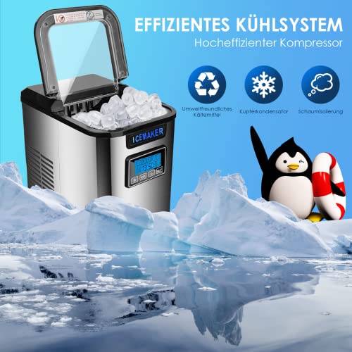 Cecaylie Eiswürfelmaschine Edelstahl 12 kg 24 h Eiswürfelbereiter 150W Ice Cube Maker, 3 Würfelgrößen Zubereitung in 6… – Bild 3