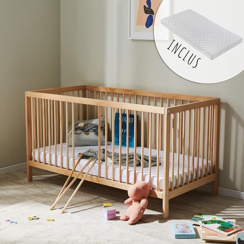 Kids Collective Lit bébé évolutif 60x120 & 70x140 cm + Matelas - Sommier 9 hauteurs, barreaux Amovibles, hêtre Massif | Naissance à 3 Ans | Naturel