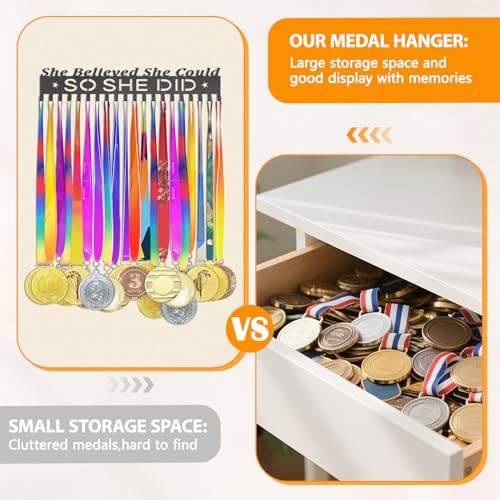 Image of Medal Holder Display Trophy Shelf Organizer, Sturdy Wooden Race Award Hanger Rack with 25 Steel Hooks, Wall Mount Storage Stand for Sports Fans, Cheer Success