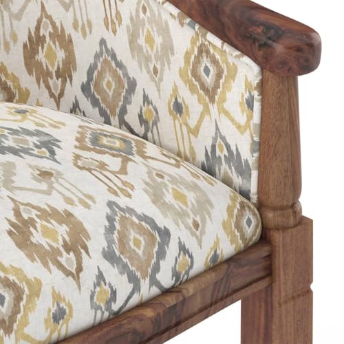 Image of Sheesham Wood Barrel Accent Chair with Floral Fabric Upholstery Teak Finish Handcrafted Wooden Lounge Chair with Backrest (Mustard Mist Ikat)