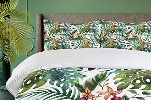 Ambesonne Leaf Duvet Cover Set, Vintage Retro 60S Seem Banana Palm Tree Leaves Flowers Hibiscus, Decorative 3 Piece Bedding Set With 2 Pillow Shams, King Size, Pale Caramel Burgundy #TOP2