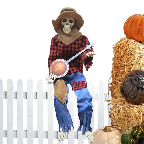 Squelette jouant au banjo mobile de 60 cm, déco Halloween articulée intérieur et extérieur