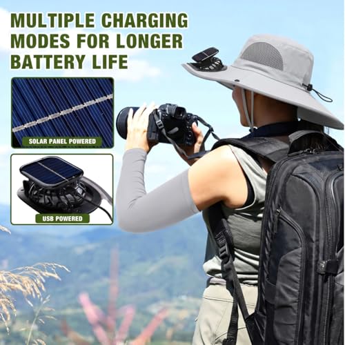 Image of Syhood 2 Set Solar Fan Hats with Neck Gaiters and Arm Sleeves, Wide Brim Fishing Hats for Men Women Outdoor Camping Gardening