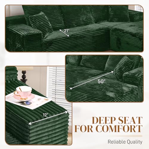 Image of 108 inch L Shaped Boneless Sectional Couches for Living Room, Comfy Corduroy Floor Cloud Sofa with Chaise, Wide Armrest, Deep Seat, Memory Foam, Assembly Free, Ideal for Small Spaces, Green