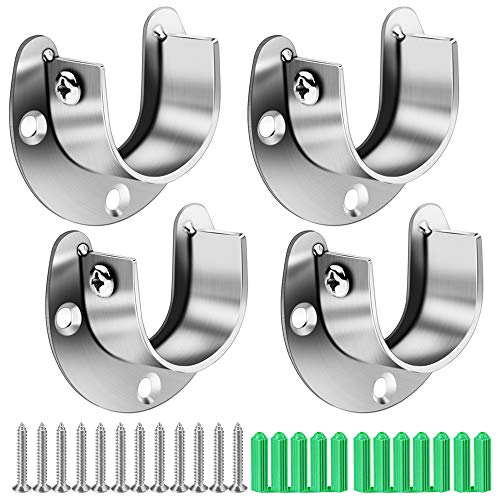 Hysagtek 4 Pcs Closet Rod Holder Support U Shaped Rod Socket Flange Set Heavy Duty Closet Pole Rod End Supports for Closet Shower Curtain Rod, Stainless Steel, 2 Sizes (1