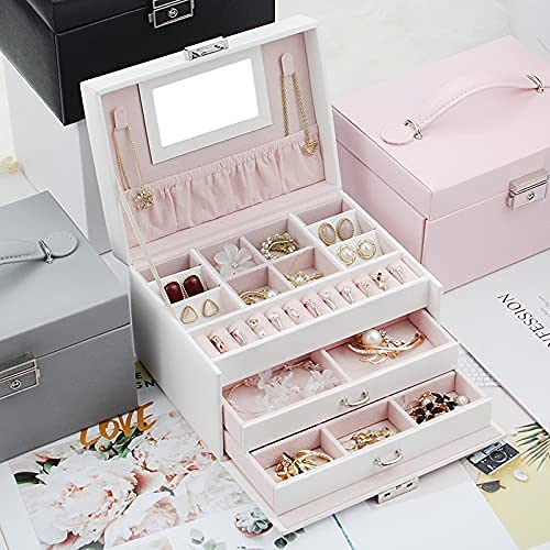 Joyeros de 3 capas, organizador de anillos grandes, soporte de maquillaje, estuche de piel para mujer, accesorios para el hogar (blanco a)