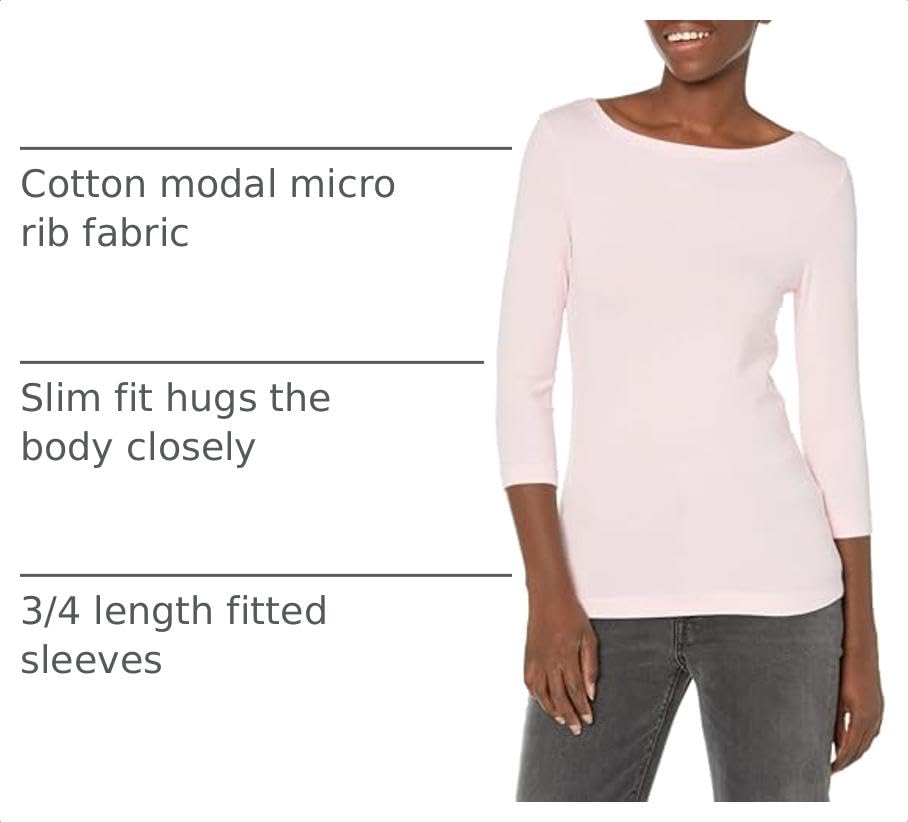 Image of Amazon Essentials Women's Slim-Fit 3 /4 Sleeve Boat Neck Cotton Modal Micro Rib T-Shirt
