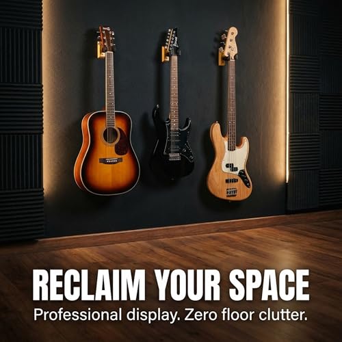 Image of RockJam Guitar Wall Mount, Heavy Duty Padded Guitar Hanger | Padded steel guitar wall hanger for acoustic, electric and bass guitars with mounting hardware included
