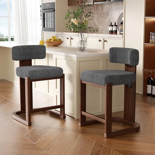 Image of Bar Stools Set of 2, Upholstered Counter Height Bar Stools, Mid Century Modern Counter Stools with Curved Backrest, Solid Wood Legs, 26 inch Bar Chairs for Kitchen Island Bar, Dark Grey