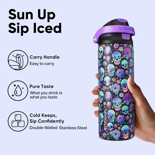 Image of Encool SwiftSip Insulated Stainless Steel Water Bottle with Straw - Leak Proof Sports Water Bottle for School, Travel, Keeps Cold All Day, One-Touch Flip Lid, BPA-Free, 24 oz, Floral Afterlife
