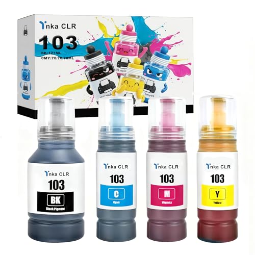 YnkaCLR 103 103 for EPSON for EcoTank ink Combo Set Full-Pack of 4 for L1110 L3110 L3111 L3150 L3151 L3156 L3160 L5190 (4 Pack Black1 Cyan1 Magenta1 Yellow1)
