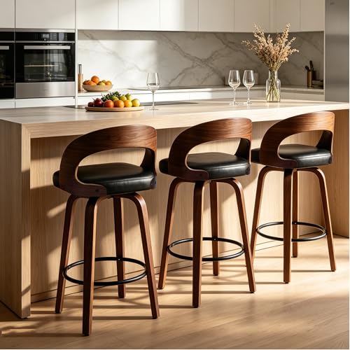 Image of Swivel Bar Stools Set of 2, 26 inch Counter Height Bar Stools with Curved Backrest, Mid-Century Modern PU Fabric Modern Island Chairs with Footrest, for Kitchen, Bar, Restaurant, Cafe, Black