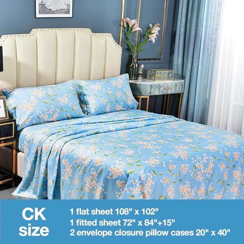 Image of JSD Blue Floral Printed Sheet Set Cal King Extra Deep Pocket | 4 Piece Soft Botanical Microfiber Sheets, OEKO-TEX Certified, Easy Care
