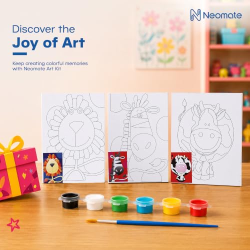 Image of Neomate Canvas Painting Kit for Kids | DIY Painting Set with 3 Printed Canvas, 6 Acrylic Paint Pots & Brush | Art and Craft Kit, Paint Kit for Kids, Birthday Gift, Return Gift, Creative Activity Set