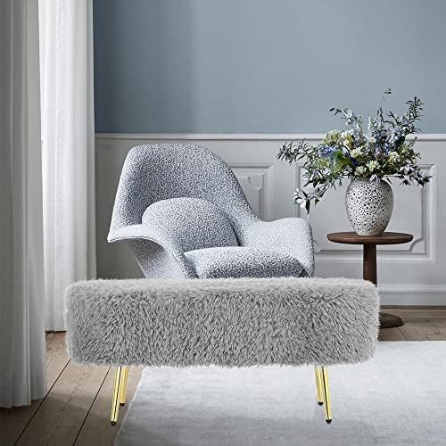 Curly Velvet Faux Fur Ottoman Bench with Gold Metal Legs Modern Design Rectangular Footrest, Padded Foot Stool for Living Room, Bedroom, Kids Room and Indoor Entryway Decorations 37*37*92cm (Gray)