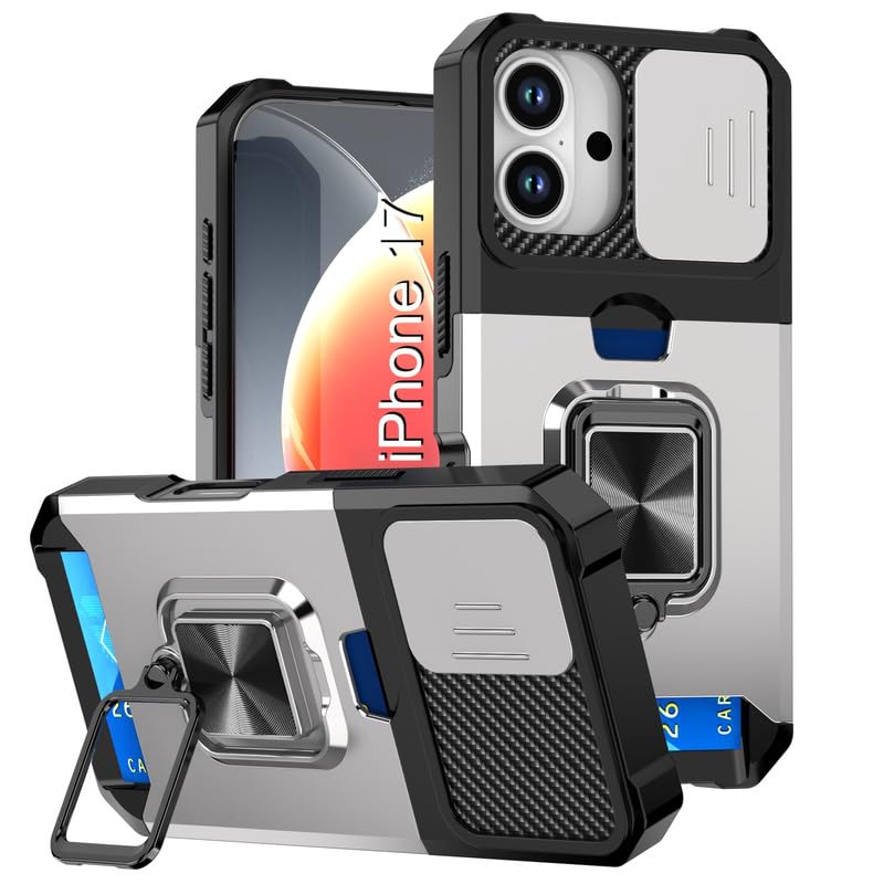 Image of LuxuryKase Shockproof Armor Case for iPhone 17 | Slide Camera Cover | Hidden Card Slot | Rotating Ring Kickstand | Magnetic Car Mount Support | Military Grade Protection - White