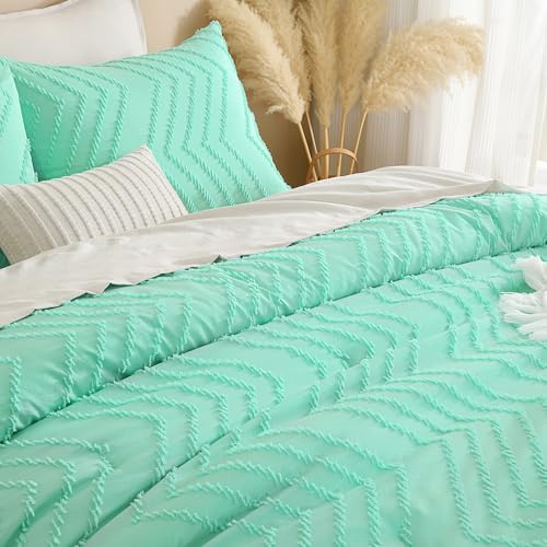 Image of Andency Mint Green Comforter Set Full Size, Boho Soft Warm Tufted Neutral Bedding Comforter Sets for Full Bed, 3 Pieces Aesthetic Chevron Cute Bohemian Textured Bedding Set