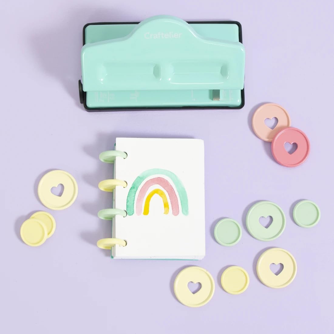 Craftelier - Bundle 4 Disc Planner Punch + Plastic Glitter Disc Rings M | Create Binding Notebooks for Scrapbooking or Craft Projects
