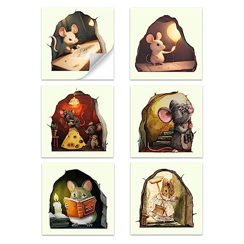 FuninCrea 6 pegatinas de pared con agujero de ratón, pegatinas de pared realistas en 3D, pegatinas realistas, animales, decoración de pared, pegatinas fluorescentes para pasillos, salones, dormitorios