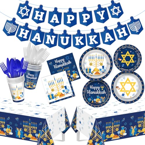 Tineit 195 Pcs Hanukkah Plates and Napkins Set, Blue Hanukkah Decorations Tableware Set Includes Chanukah Plates, Napkins, Paper Cups for 24 Guests, Party Supplies