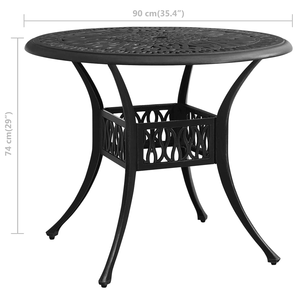 Hothingwell Okrągły stół ogrodowy 90x90x74 cm czarny odlew aluminiowy, zewnętrzny stolik do herbaty z pustą konstrukcją i otworem na parasol, stabilny do napojów i żywności