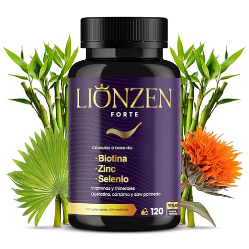 Biotina cabello piel y uñas con selenio y zinc – Vitaminas para el pelo + 17 ingredientes activos | 120 cápsulas | Queratina, cártamo, saw palmetto | Anticaída natural mujer y hombre | LIONZEN FORTE