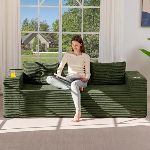 Image of MAXYOYO 79 inch Oversized Boneless Loveseat Sofa Couch for Small Spaces, Mini Love Seat Floor Couch with Cup Holders and Pillows, 3-Seater Upholstered Cloud Couch for Bedroom, No Assembly Required