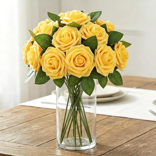 Image of 100Pcs Realistic Yellow Artificial Rose Flower Heads, Fake Yellow Foam Roses for DIY Wedding Decorations Baby Shower Centerpieces Home Party Valentine's Day Mother's Day Decor