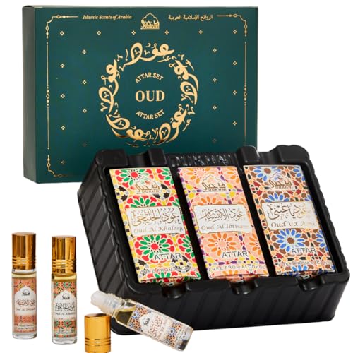 Image of Oud Attar Oil Set by Dukhni | Arab perfume oils for men and women | 3 assorted roll on perfume scents x 6ml | Arabian oudh oil fragrances | Eid, Ramadan Gift Set, Halal & Vegan Islamic Fragrances