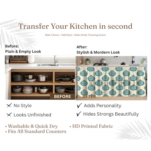 Image of Multipurpose Kitchen Sink Curtain | Under Sink Cabinet Cover Curtain | Waterproof Printed Kitchen Sink Curtain | Home & Kitchen Decor Curtain (Blue KUNJA, Pack of 1)
