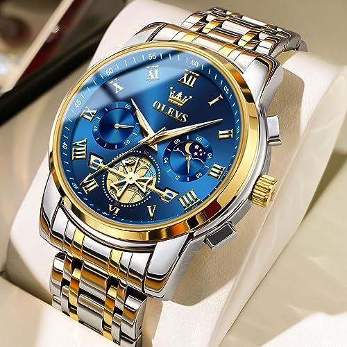 OLEVS Watches for Men Chronograph Business Wrist Watches Analog Quartz Moon Phase Stainless Steel Waterproof Luminous Dress Watches (Image - 3)