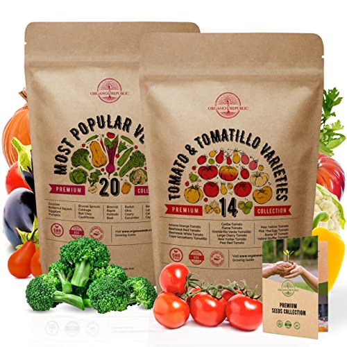 20 Most Popular Vegetables Seeds & 14 Rare Tomato & Tomatillo Seeds Variety Packs Non-GMO Heirloom Seeds for Planting Indoor and Outdoor. Over 2100 Seeds.