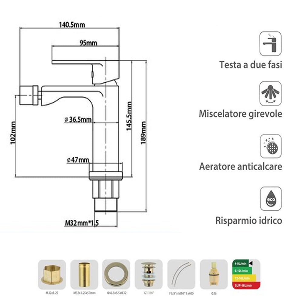 Vetrineinrete® Rubinetto per bidet miscelatore monocomando moderno da bagno in oro opaco