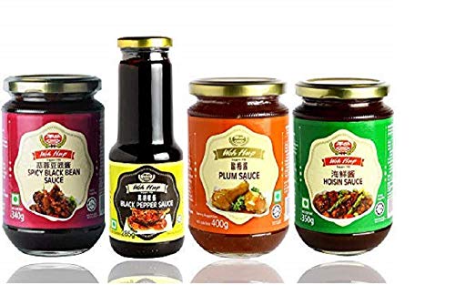 Woh Hup Combo of Spicy Black Bean Sauce 340grams, Black Pepper Sauce 285 Grams, Plum Sauce 400 Gram, and Hoisin Sauce 350 Grams