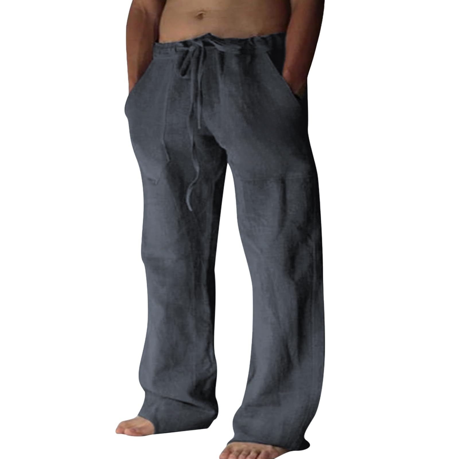 Puimentiua Leinenhose Herren,Lang Leichte Sommerhose,Sommer Leinen Hosen,Loose Fit Baumwollehosen mit Tunnelzug und Taschen (Dunkelgrau,3XL)