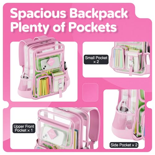 Contixo Clear Backpack for Kids & Adults - Transparent PVC Bookbag - Stadium-Approved Travel Bag for School, Waterproof - Adjustable Straps - Durable Tear-Resistant - 16.9" x 13.7" x 6.6" - Pink3