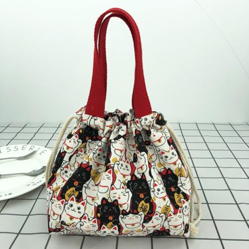 Brxmpn Japanese Style Canvas Lunch Bag Drawstring Bento Tote Bag Reusable Lunch Bento Pouch Portable Cute Lunch Boxes Pouch for Picnic