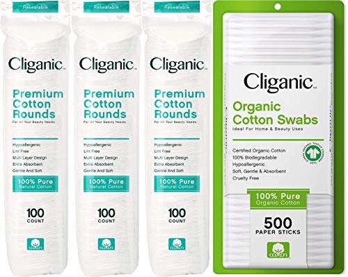 Cliganic Premium Cotton Set - 300 Rounds & 500 Organic Paper Swabs
