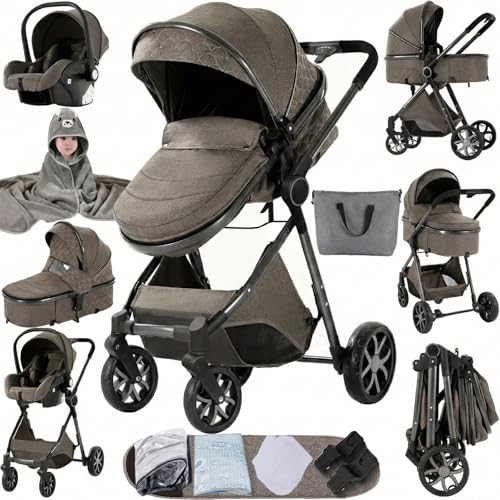 MoLi Carrinho de Bebé 3 em 1, Carro 3 Peças Dobrável Conveniente com Um Só Clique, Carrinho de Bebé com Modo de Empuxo Duplo Reversível, Carrinho de Três Peças Paisagem Alto (225 Chocolate)