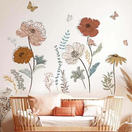 Large Boho Flower Wall Decals, Floral Grass and Butterfly Wall