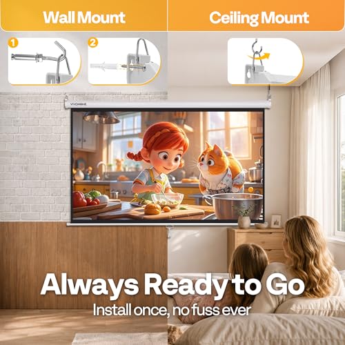 Image of VIVOHOME 100 Inch 16:9 Pull Down Projector Screen, HD 4K Retractable Movie Screen for Indoor Home Theater and Office, Manual Projection Screen with Auto Locking (87W x 49H Inch Display Area), White
