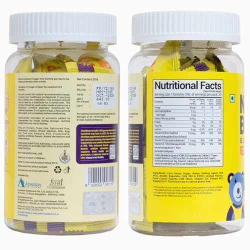 Image of NutriBears Multivitamin, Calcium and Vitamin D3 + K2 +B12 Gummies for Kids, Combo Pack of 3 (90 Gummy Bears, Strawberry, Orange & Mango Flavour) Vitamin C, D, & Zinc for Immunity, Supplement for Strong Teeth and Bones