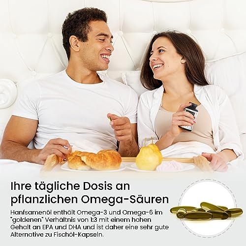 Hanfsamenöl Hanföl Kaltgepresst - 180 hochdosierte Kapseln - 1000mg Hanf Öl Omega 3-6-9 | 100% Natürlich & Stark, Hemp Seed Oil, in der EU hergestellt & laborgeprüft
