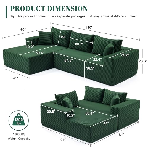 110” Cloud Sectional Couch, Modular Sectional Sofa for Living Room, Boneless Sofa with Deep Seat, Comfy Fluffy Couch with L-Shaped Chaise, No Assembly Required (Left-Facing Chaise, Green)