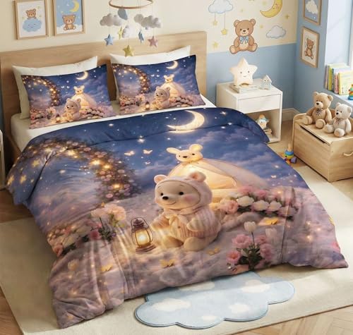 Image of HOMEKART Kids Cloud Cotton Bedsheet Double Bed | 210 TC Cartoon Printed Bedding Set with 2 Pillow Covers 7D | Soft, Wrinkle-Free | 108 x 108 Inches (Teddy Bear Moonlight)