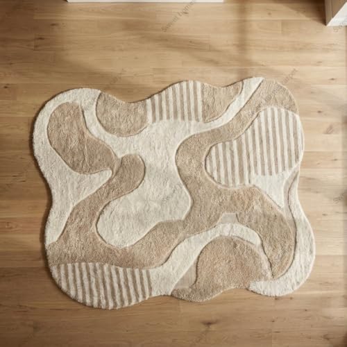 Image of SWEET HOMES Carpet for Hallway, Irregular Handwoven Shaggy Abstract Area Rug | Ultra Soft Plush Anti-Skid. 7 x 7 Feet (213 x 213 cm), Ivory /Beige