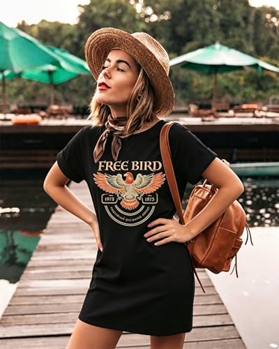 Image of Vintage Rock Country Music Dress for Women Rock Concert Band Graphic Tshirt Casual Letter Print Short Dress