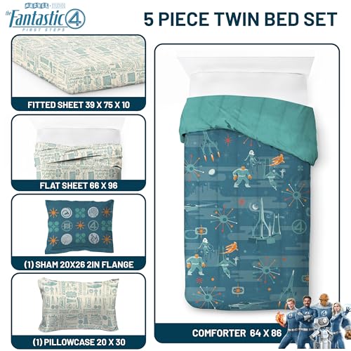 Image of Marvel Fantastic Four Twin Comforter Set 5 Piece Superhero Bedding, Blue | Bed in a Bag, Comforter Sheets Sham Pillowcase, Official Product, Soft Microfiber, Machine Washable, Easy Care, Kids Gift