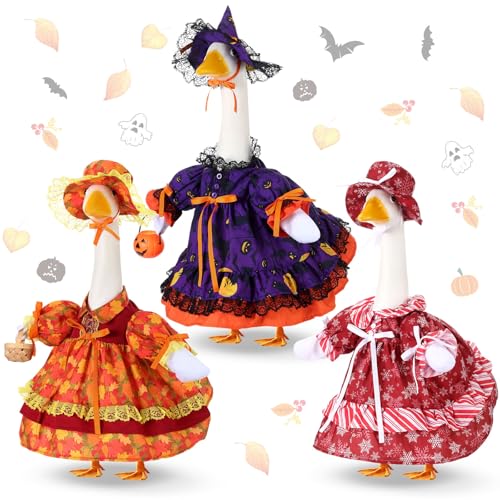 3 Set Fall Porch Goose Outfits Cute Fall Halloween Christmas Holiday Porch Goose Clothes with Wide Hat and Basket Seasons Costumes for 23" Plastic Statue Patio Yard Garden Lawn Outdoor Decors