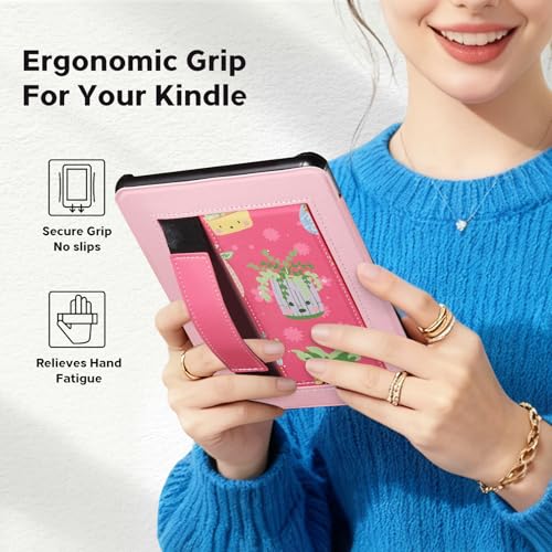 Image of CoBak Lightweight Stand Cute Case for 7 inch Kindle Paperwhite 12th Gen 2024 and Kindle Colorsoft with Right Hand Strap - Compatible with iPhone MagSafe, for Samsung /Anker Wireless Charging Pads